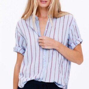 Xirena Kayden Short Sleeve Top Sky Blue with Rust Vertical Stripes XS